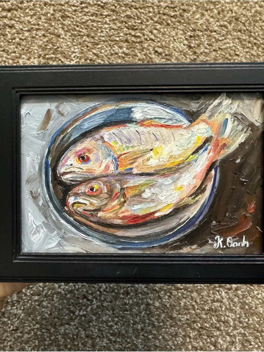 Original oil painting still life fishes signed framed 4x6 inches